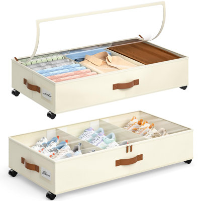 Under Bed Storage With Wheels, 2 Pack Under Bed Storage Containers With Adjustable Dividers & Clear Lid, Rolling Underbed Organizer Bins Drawer For Clothes, Shoes, Blankets(30.3 X 16 X 6.7In)