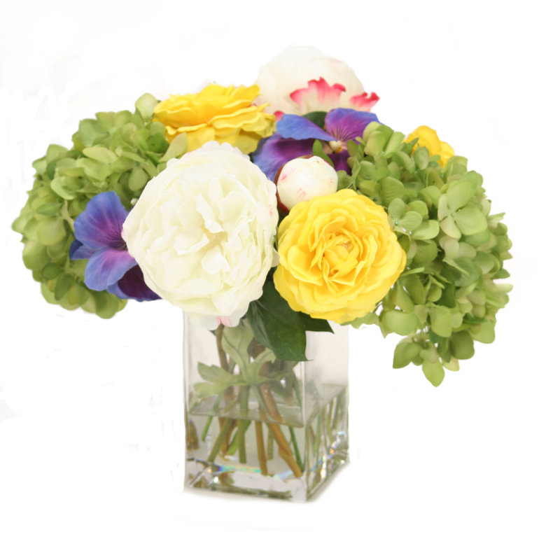Mixed Spring Flowers With Hydrangea''s, Pansies And Peonies In Glass Vase