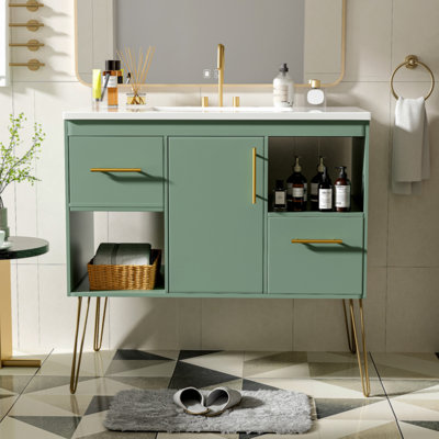 Ensemble de meuble-lavabo 36 po avec lavabo en résine, armoire de salle de bain simple autoportante avec 2 tiroirs et 2 compartiments de rangement, ensemble de meuble-lavabo avec cadre en bois massif,