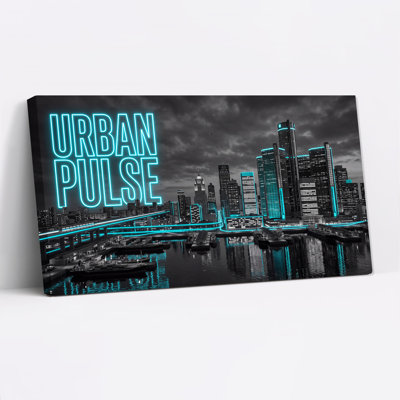Cyan Neon Cityscape With Grayscale Buildings And Water Canvas Wall Art