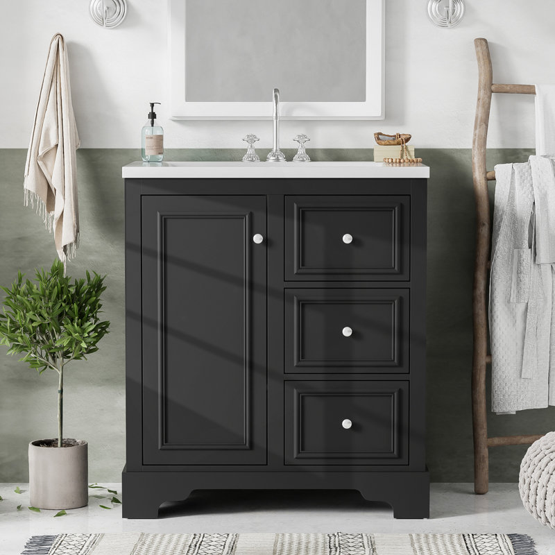 Meuble-lavabo de salle de bain avec lavabo en céramique, 3 tiroirs et tablettes réglables pour un rangement efficace