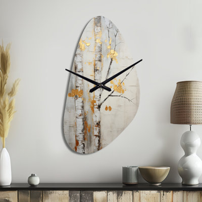 Tree Whispers Of Grey & Yellow III - Monochrome Irregular Shape Metal Clock, Yellow Asymmetrical Metal Clock Print