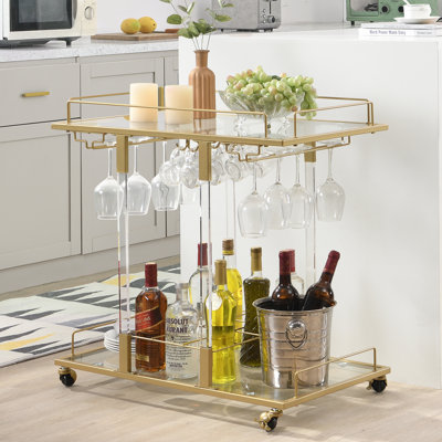 Kibwe Metal & Acrylic Bar Cart with Glass Shelves and Stemware Rack