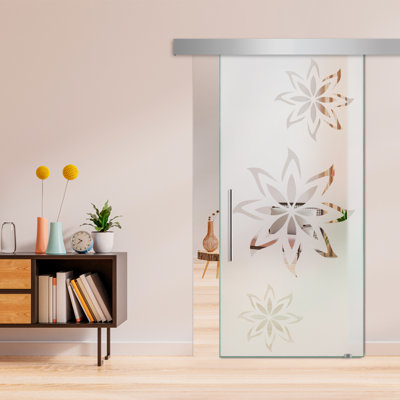 Porte de grange coulissante en verre sans cadre avec design moderne givré + ensemble de quincaillerie (semi-privée)