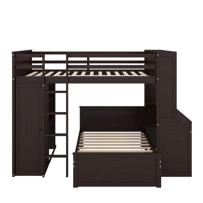 Lit mezzanine double avec lit autonome, armoire, bureau et tablettes, Espresso