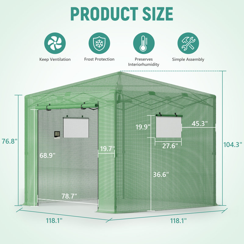 10' W x 10' D Pop Up Walk-In Greenhouse for Outdoors, Portable Greenhouses with Roll-Up Door & Free Hygrometer/Grow Light, Easy Set Up