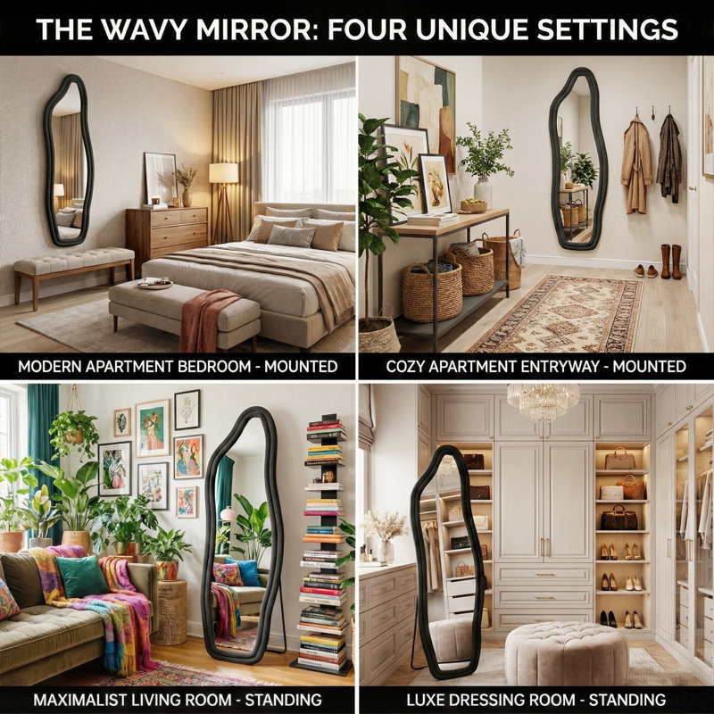 2-in-1 Artsy Wavy Velvet Full Length Dressing Mirror with U-Shaped Stand, Freestanding & Wall-Mounted Fluffy Asymmetrical Floor Mirror, Black, Gold & White