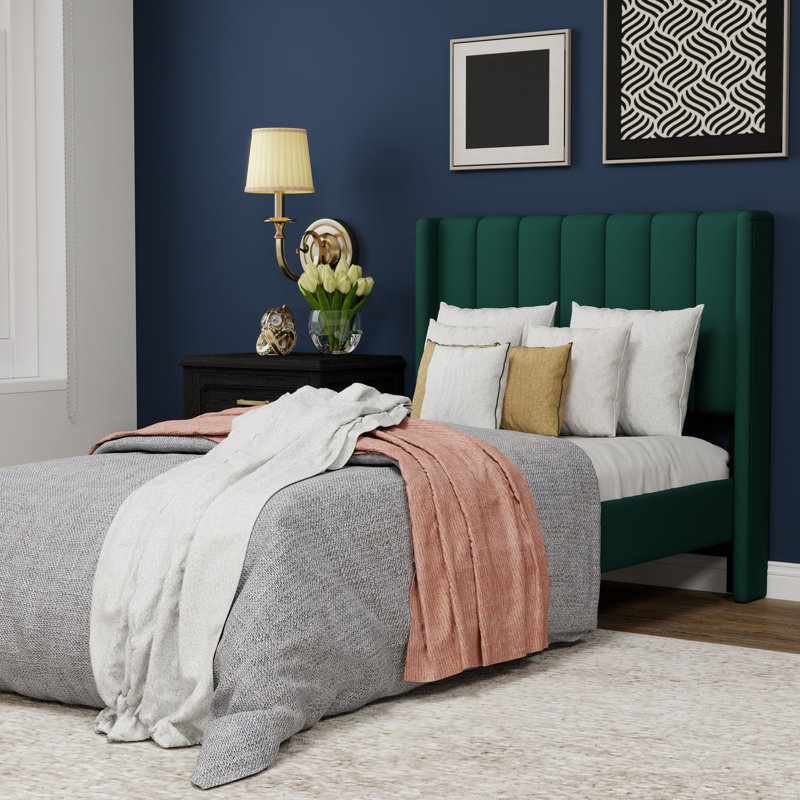 Upholstered Wingback Platform Bed, Green, Twin
