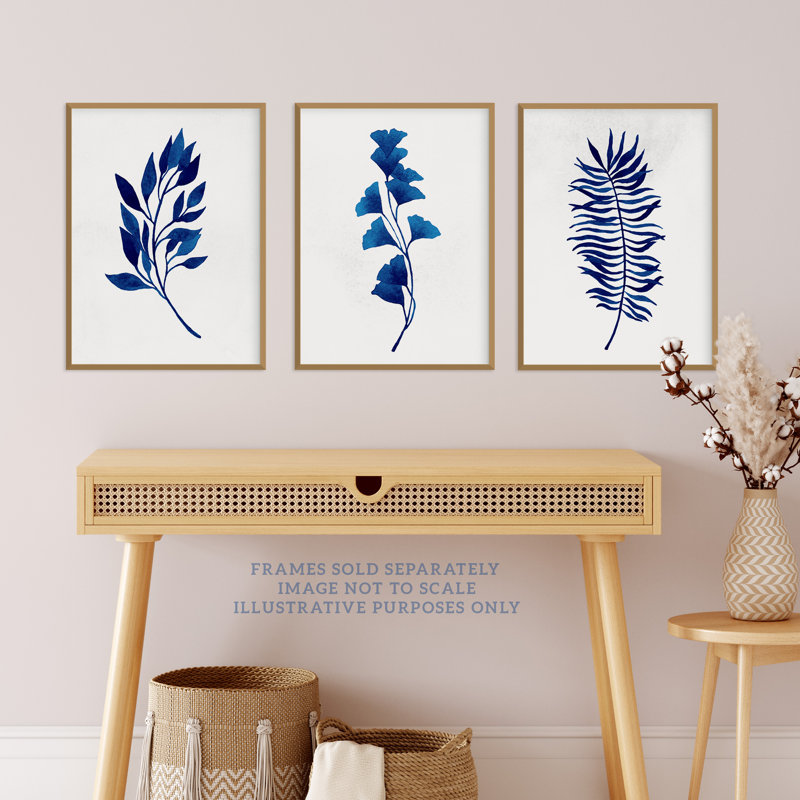 Simple Elegant Flower Plant Leaf Foliage Cobalt Blue Watercolour - 3 Piece No Frame Print Set, 40.5cm H x 30.5cm W x 0.3cm D