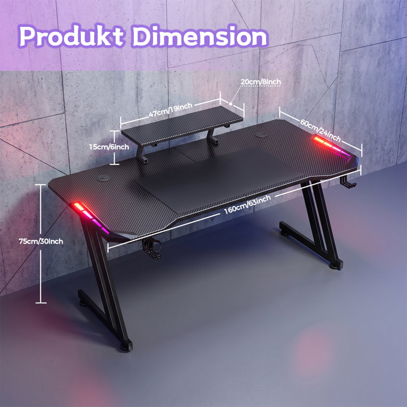Z Shaped Ergonomic Gaming Desk with LED Lighting, Carbon Fibre Surface PC Workstation, Built-in Monitor Stand, Cup Holder & Headphone Hook for Gaming and Home Working, Black