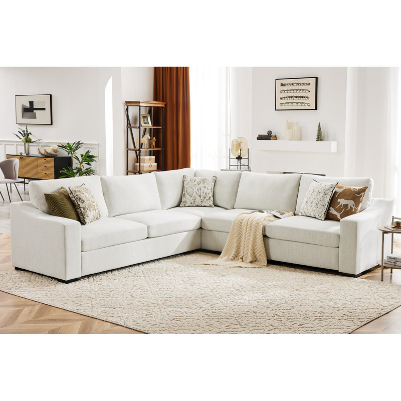 112" L-Shaped Sectional Sofa With Sloped Arm Design-Linen, Ivory