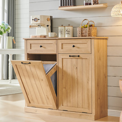  Farmhouse Tilt Out Trash Can Cabinet w/drawers, 20 Gallon Dog Proof Trash Can Cabinet, with Storage Basket for Kitchen