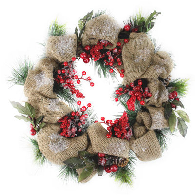 Couronne de pin artificielle glacée 18 po avec baies glacées et toile de jute