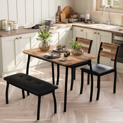 Dining Table Set for 4, Sturdy Wooden Kitchen Table with Chamfer Design and Metal legs, Upholstered Bench by Ebern Designs