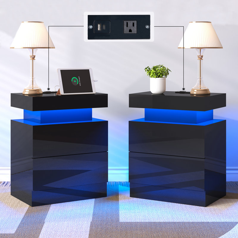 Macksen 2-Drawer Nightstand with USB ports and Charging Station , Black