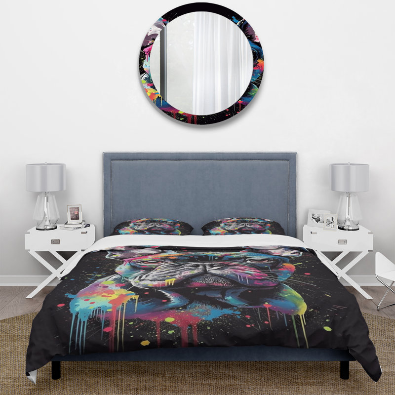 «Black Blue Paints Platter Bulldog Portrait» - Ensemble de housse de couette animaux - Microfibre de polyester
