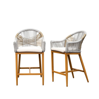 Deux tabourets de bar avec accoudoirs et chaises à hauteur de comptoir rembourrées pour l'extérieur, projecteur de corde en aluminium pour le jardin, la piscine, le patio, la cuisine - coussin kaki inclus, cadre de charme de patio