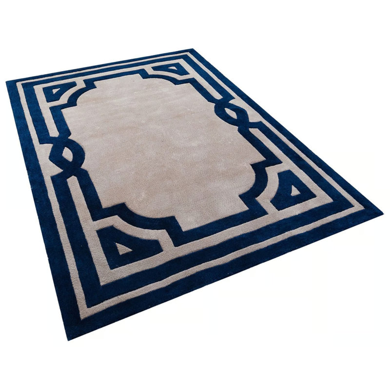 Tapis touffeté spécial à motif géométrique beige et bleu marine tissé à la machine, Rectangle 3 pi 11 po x 5 pi 11 po