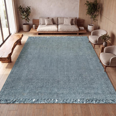 Tapis bleu clair / gris en jute tissé à la main avec franges Sinclair Pata