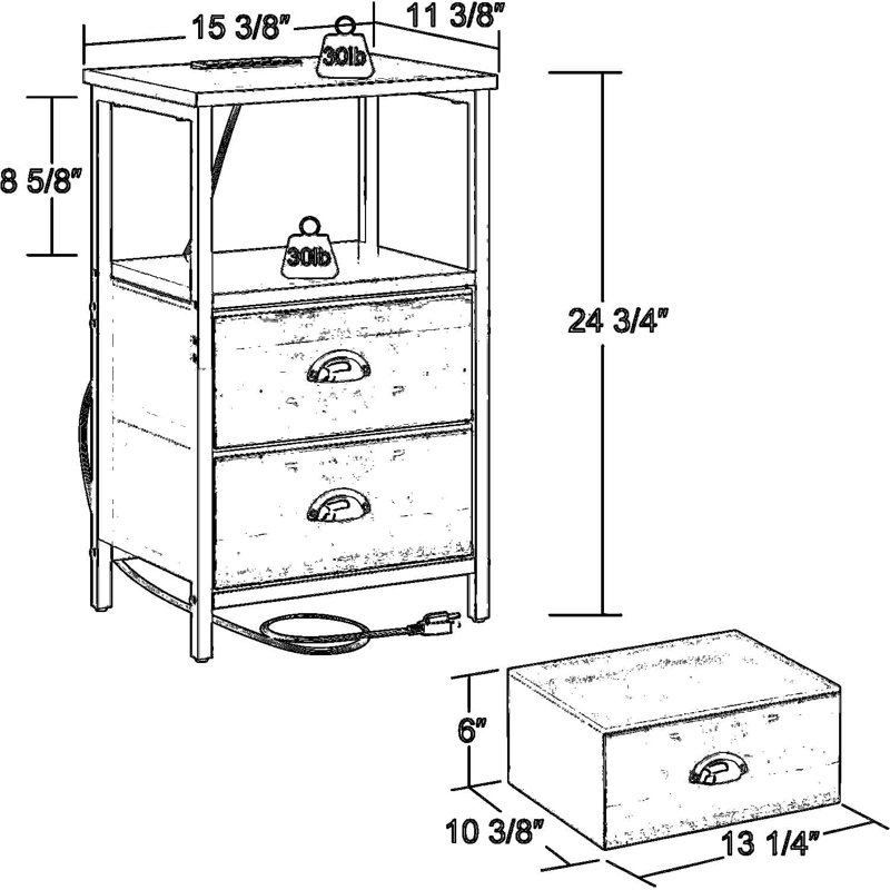 Table de chevet avec station de charge et lumières DEL, table de chevet à 3 niveaux avec 2 tiroirs en tissu, table de bout moderne avec ports USB / Type-C et éclairage RVB réglable