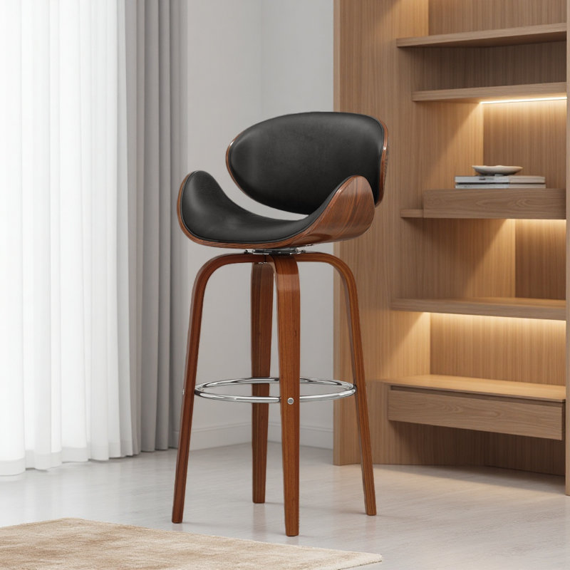 Tabouret de bar pivotant Mid-Century, Siège noir / structure Wanut