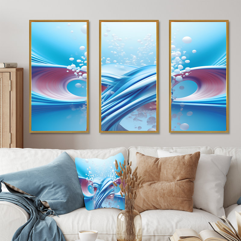 Fractal Blue and White Fusion I - impression d'art mural fractal, Cadre flottant doré, H 28 po x l 36 po x P 1 po