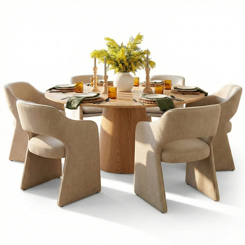 6 - Person Dining Table Sets With Round Table & 6 Upholstered Fabric Chairs, Khaki, Yellow