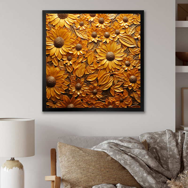 Tournesol doré rayonnant sur toile, Cadre simple noir, H 30 po x l 30 po x P 1 po