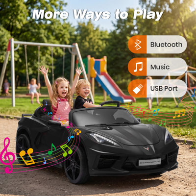 Black Chevrolet Corvette C8 24V Kids Ride-On UTV Car with 4-Wheel Drive, Remote Control, MP3, Bluetooth, USB, LED Headlights, Dual Seats, and Rear Suspension