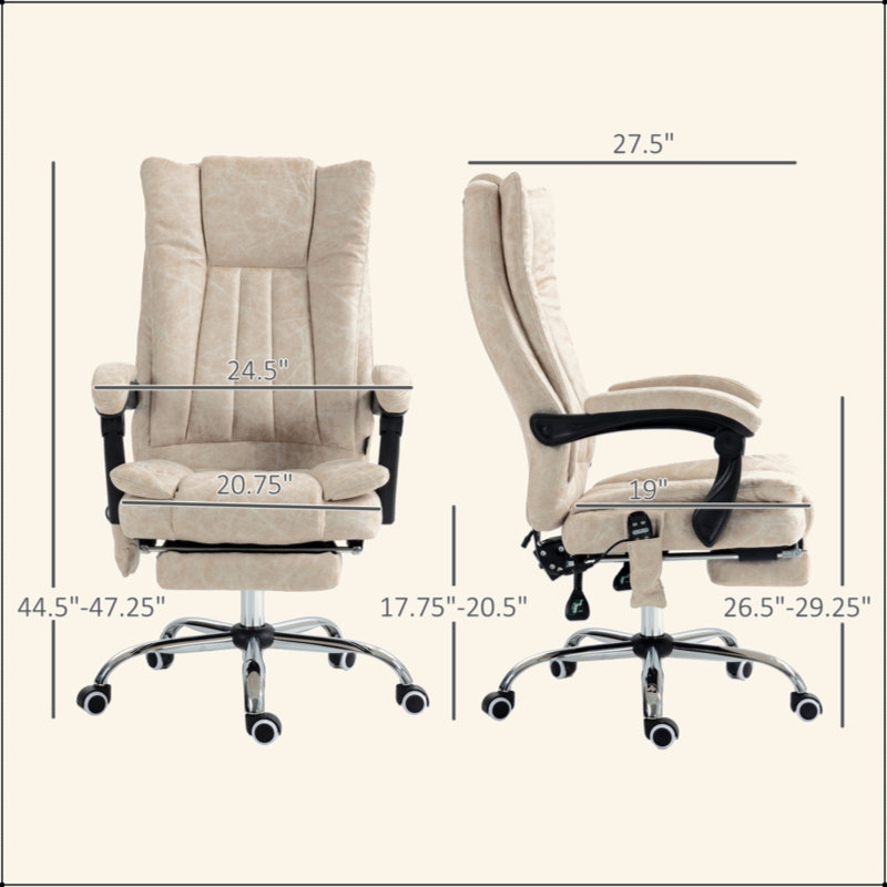 Chaise de bureau en microfibre, chaise d'ordinateur à haut dossier avec massage à 6 points, chaleur, hauteur réglable et repose-pieds rétractable, blanc crème