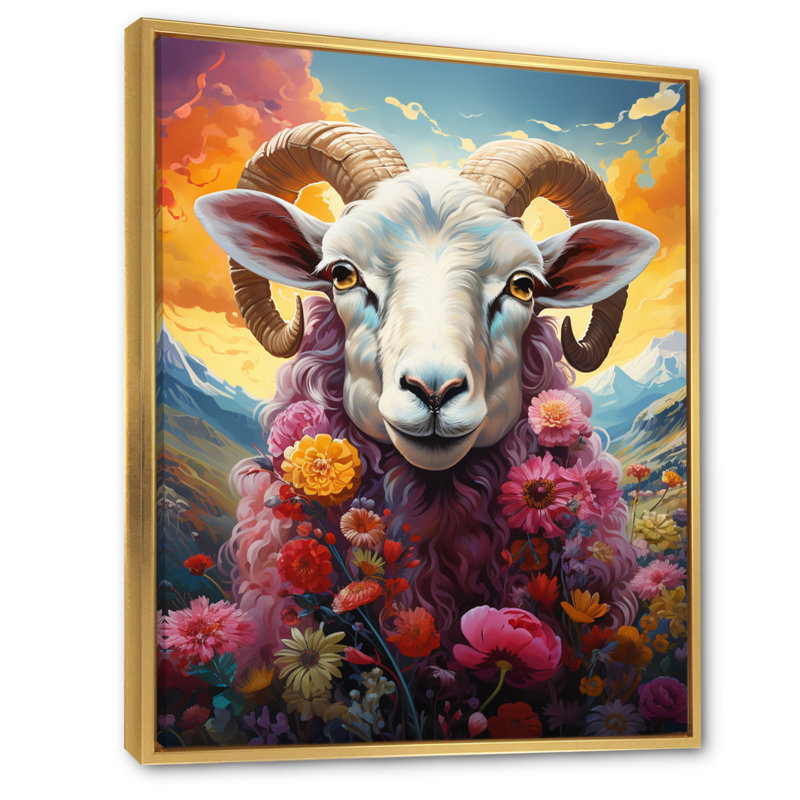 Reproduction d'art sur fond de moutons roses «Enchanted Ewes», H 32 po x l 16 po x P 1 po, Cadre flottant doré