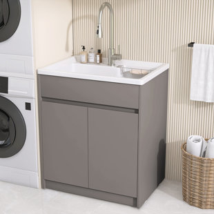 30 Inch Kitchen Sink Laundry Soild Surface Sink With Standing Storage Cabinet With Large Space,Light Brown