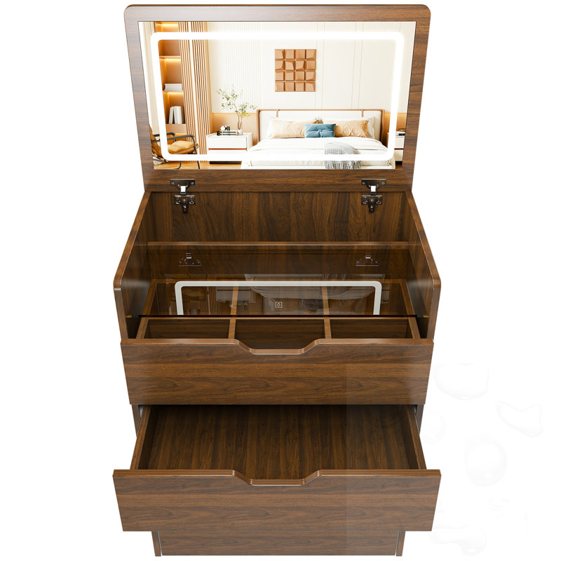 Flip Top Makeup Dressing Table With Lighted Mirror & Stool, Walnut/White