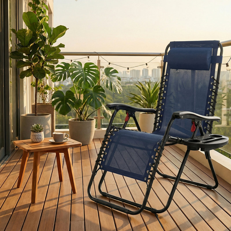 Set of 2 Zero Gravity Reclining Chairs, Folding Sun Loungers, Dark Blue