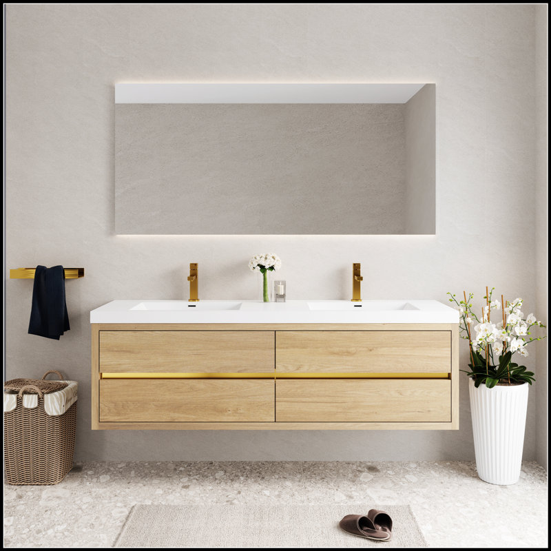 Meuble-lavabo mural avec lavabo, armoire de rangement flottante, comptoir en résine de pierre, tiroirs à fermeture en douceur pour salles de bain modernes