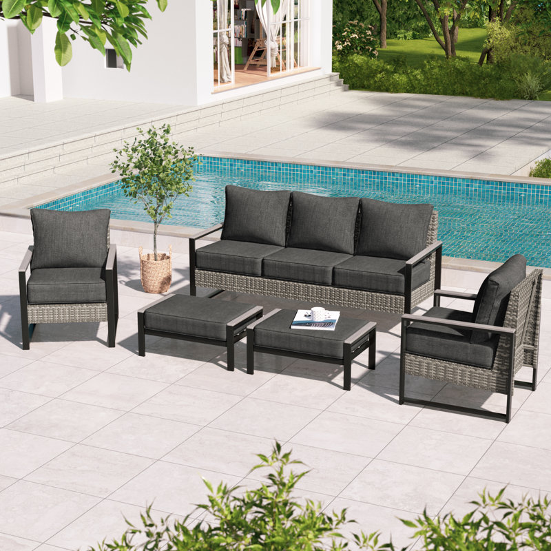 Ensemble de canapé de patio en osier avec repose-pieds 5 pièces Bhreatnach, Noir gris