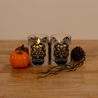 Battery Operated LED Glass Candles with Flickering Flame, Sugar Skull - 2 Piece