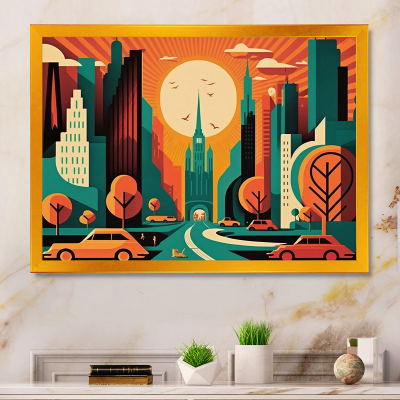 Futuriste paysage urbain III - reproduction sur toile, H 16 po x l 32 po x P 1 po, Impression dorée sur toile encadrée