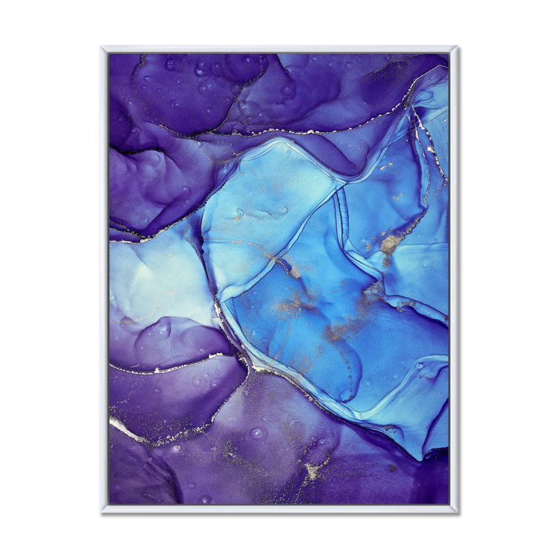 Encre de marbre bleue et mauve abstraite III - peinture sur toile, H 40 po x l 30 po, Toile à cadre flottant blanc