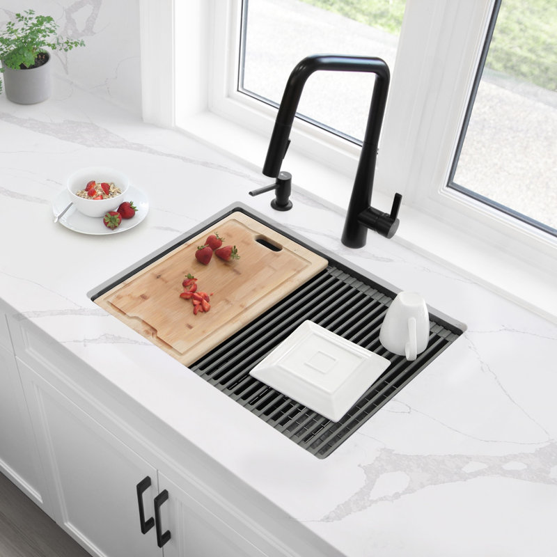 Versa STYLISH 25 inch Graphite Black Workstation Single Bowl Undermount 16G Stainless Steel Kitchen Sink, Graphite Black