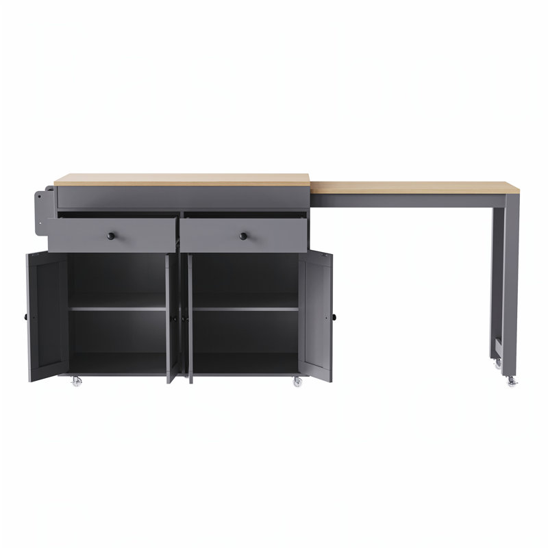 74.5 inch Kitchen Island with Extendable Dining Table , Rolling Kitchen Island on Wheels with Spice Rack and 2 Drawers, 4 Door Cabinet, for Kitchen, Dining Room, Grey (One Package)