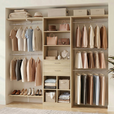 19'' - 60'' W Closet System with Wooden Drawers and Hanging Rods(Cut to Fit)