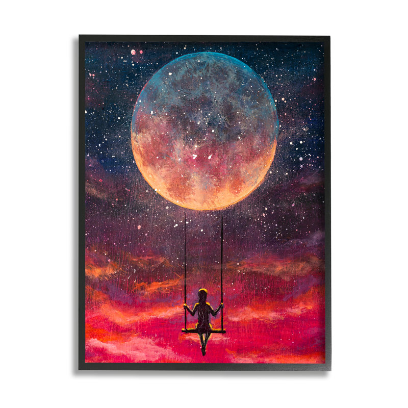 «Personne balançant de la lune encadrée sur bois» par Valery Rybakow, peinture, Giclée encadrée noir minuit