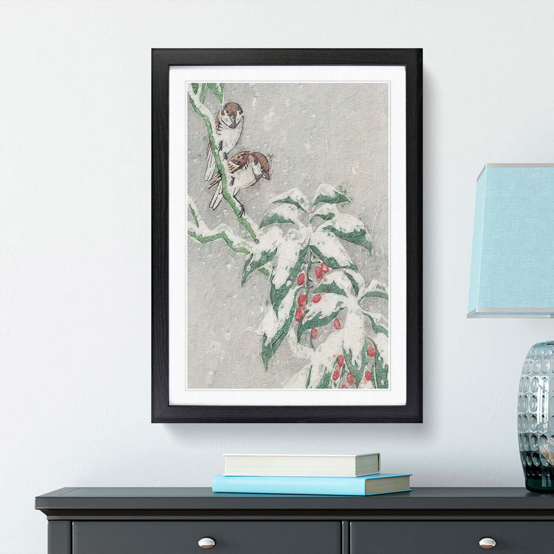Sparrows on a Berry Bush by Ohara Koson - Picture Frame Painting Print, 48cm H x 36cm W x 2cm D, Black Framed