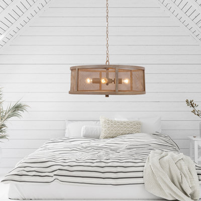 23.75"W Malpartida Woodgrain Finish Metal Caged 4-Light Chandelier