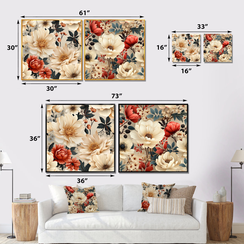 Orona - ensemble de 2 reproductions d'art sur toile florales, Cadre flottant blanc, H 30 po x l 61 po x P 1 po