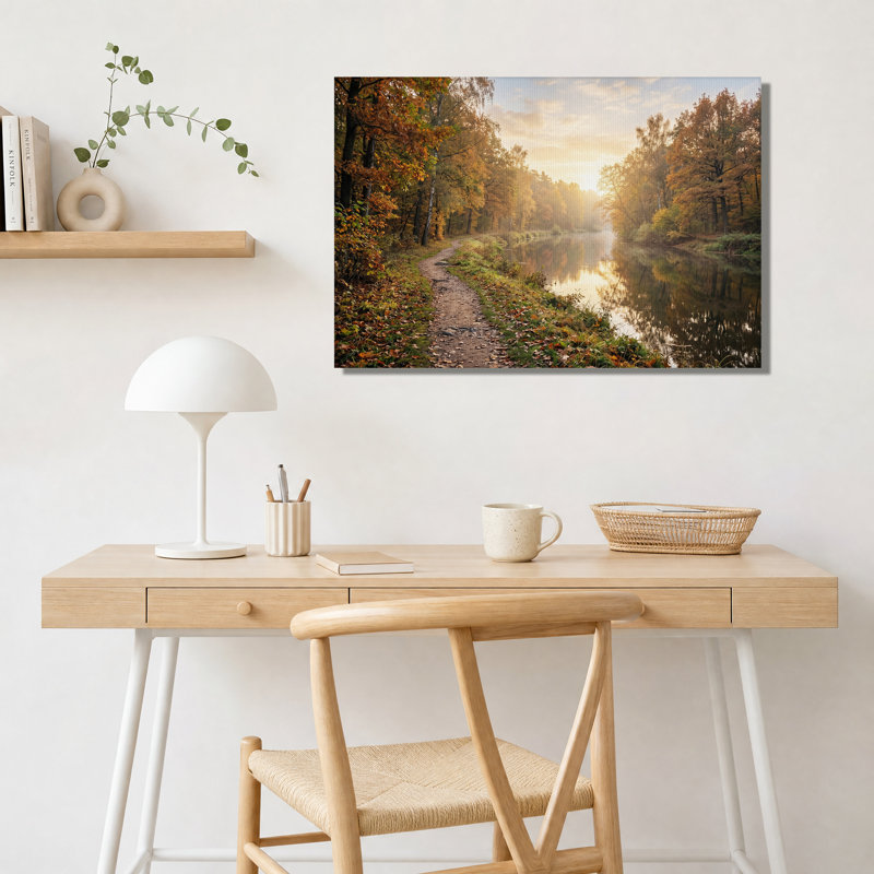 Chemin forestier d'automne le long de la rivière au coucher du soleil, tableau sur toile, H 12 po x l 18 po