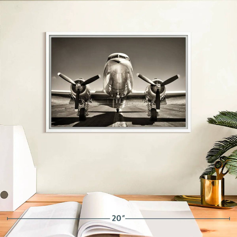 Avion rétro noir et blanc, Cadre flottant blanc, 13 po x 9 po