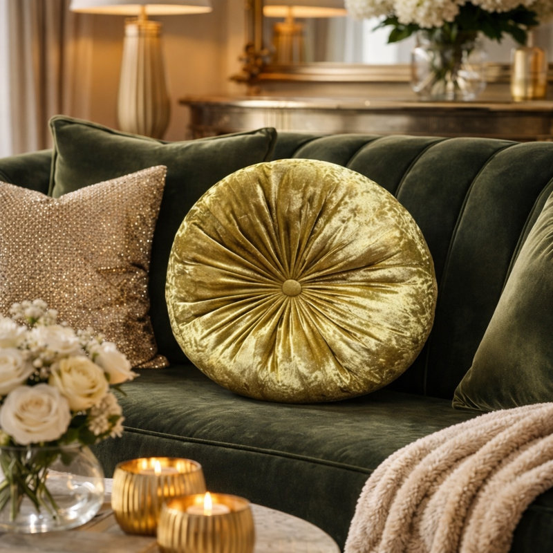 Therese 16" Tufted Round Throw Pillow, Antique Gold, 12"Diameter