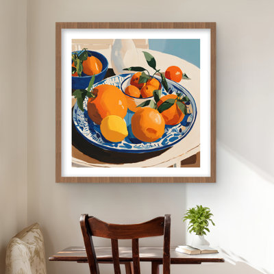 Oranges - imprimé gastronomique encadré mat bleu pour la décoration intérieure